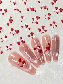 2Sheets 3D Valentine' S Day Heart Nail Art Sticker,2pcs Red White Cross Stars Self-Adhesive Nail Decals,Res Love 3D Women DIY Y2K Kawaii Heart Nail Stickers - Multicolor - View 6