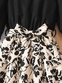 Girls' Long Sleeve Ditsy Floral Dress With Belt, Casual - Black - View 5