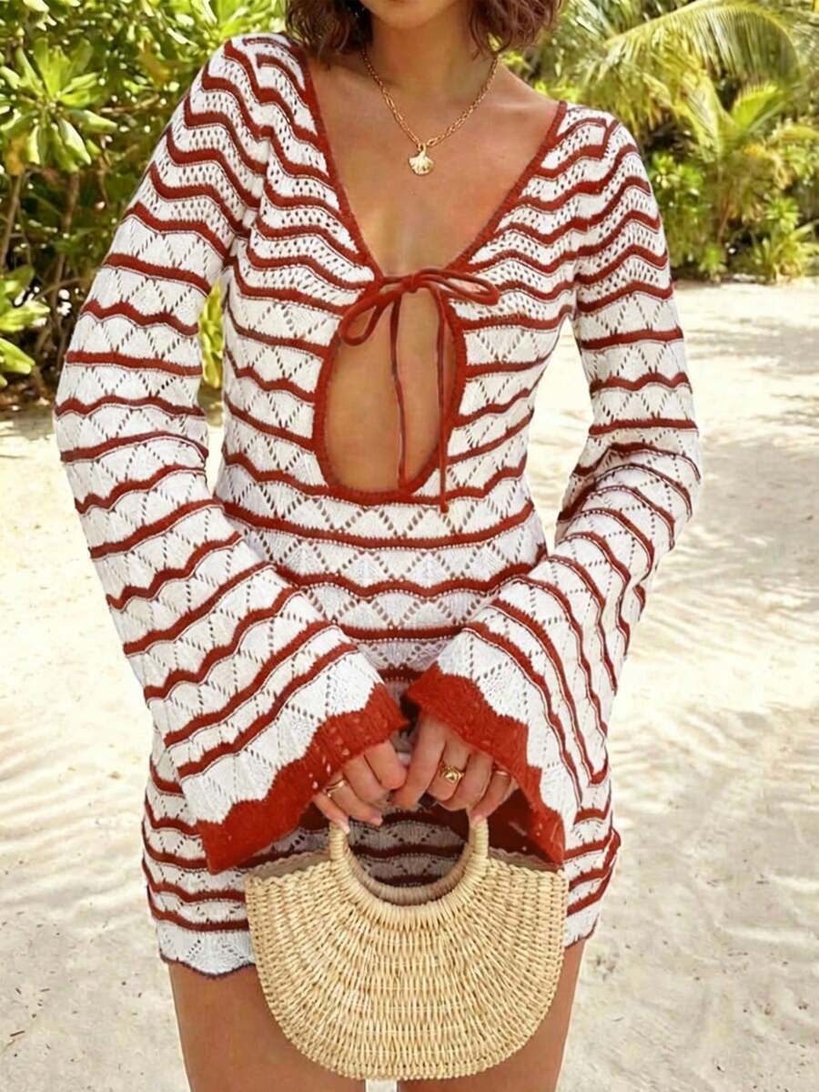 Vestido de punto holgado con cordones y encaje calado de colores contrastantes, nuevo estilo primavera/verano para vacaciones en la playa de las mujeres, vestido de punto fino, elegante y versátil con cintura ceñida, vestido bohemio casual y de fiesta - Rojo ladrillo y blanco - Ver 1