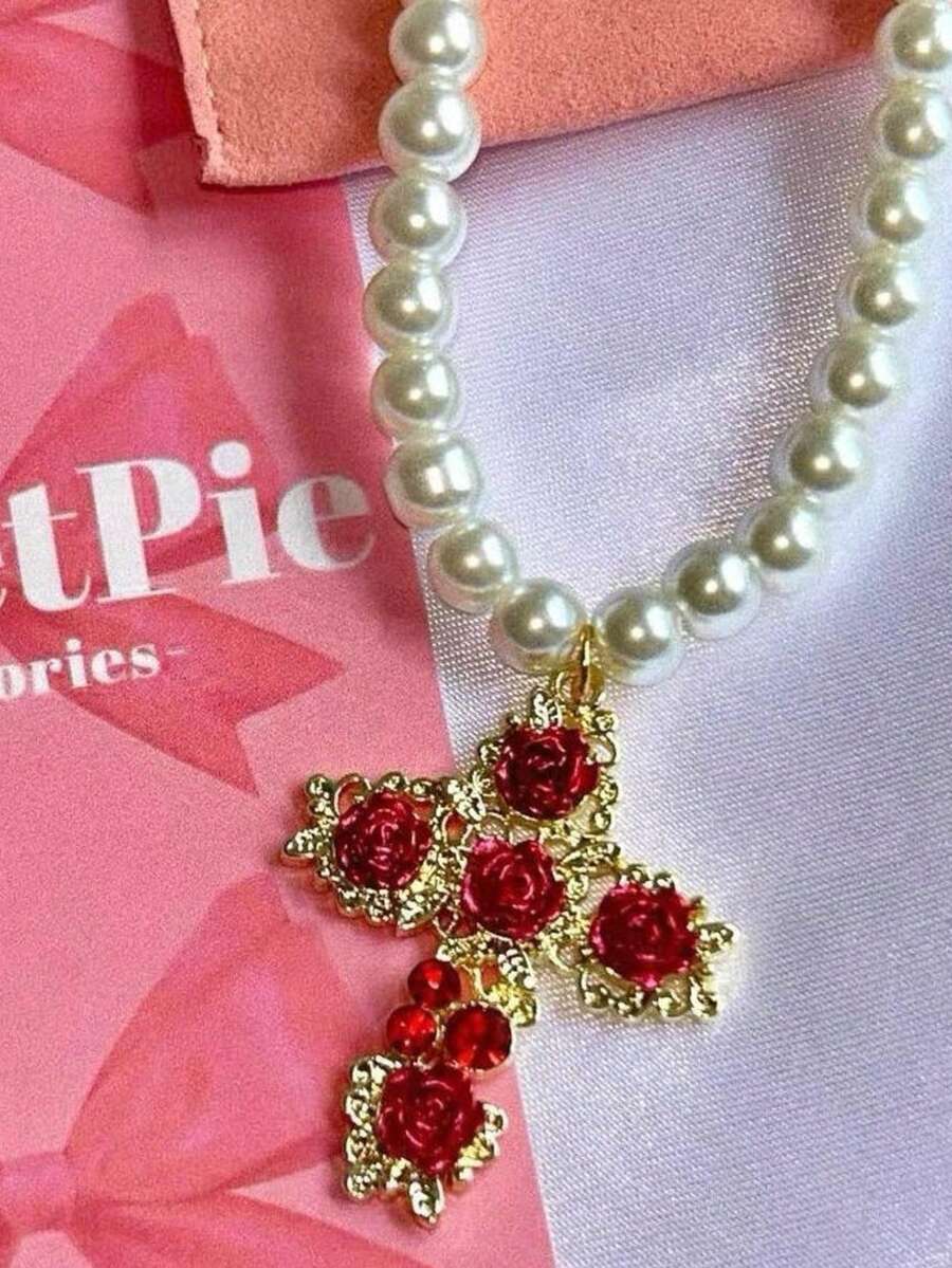 Cute, Sweet, Elegant, Minimalist, Japanese/Korean Style Rose Cross Beaded Necklace - Multicolor - View 1