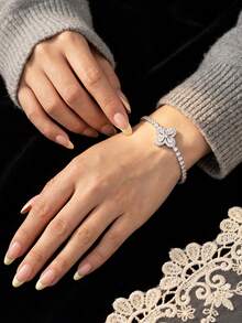 1pc Elegant Adjustable Rhombus Flower Tennis Bracelet, S925 Sterling Silver Chain Bracelet, Jewelry Gift For Sisters And Friends - Diamond Flower Bracelet/White Diamond - View 3