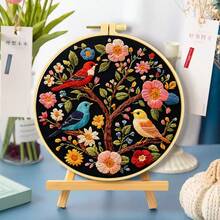 Colorful Floral Tree & Bird Embroidery Kit, Round DIY Cross Stitch Kit With Plant & Animal Patterns On Black Background, Includes Needles & Threads, Beginner Friendly, Home Wall Decor - Multicolor - View 13
