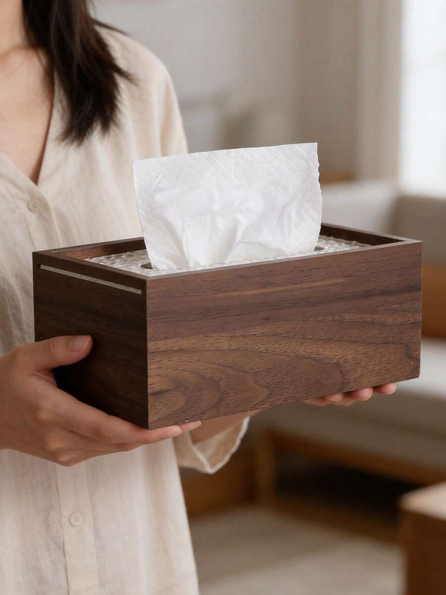 1 pieza Caja de pañuelos de madera maciza de alta gama, soporte de pañuelos de madera de nogal retro, almacenamiento de pañuelos de escritorio con tapa ondulada, fácil de reemplazar el estante de pañuelos, adecuado para escritorio, oficina, sala de estar, regalo de cumpleaños, regalo de inauguración de la casa para familiares y amigos