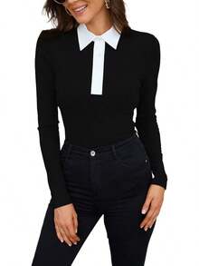 Womens Polo Shirts Fall Clothes For Women Lapel Collared V Neck Long Sleeve Tee Shirt - 50061 黑色 - 查看 1