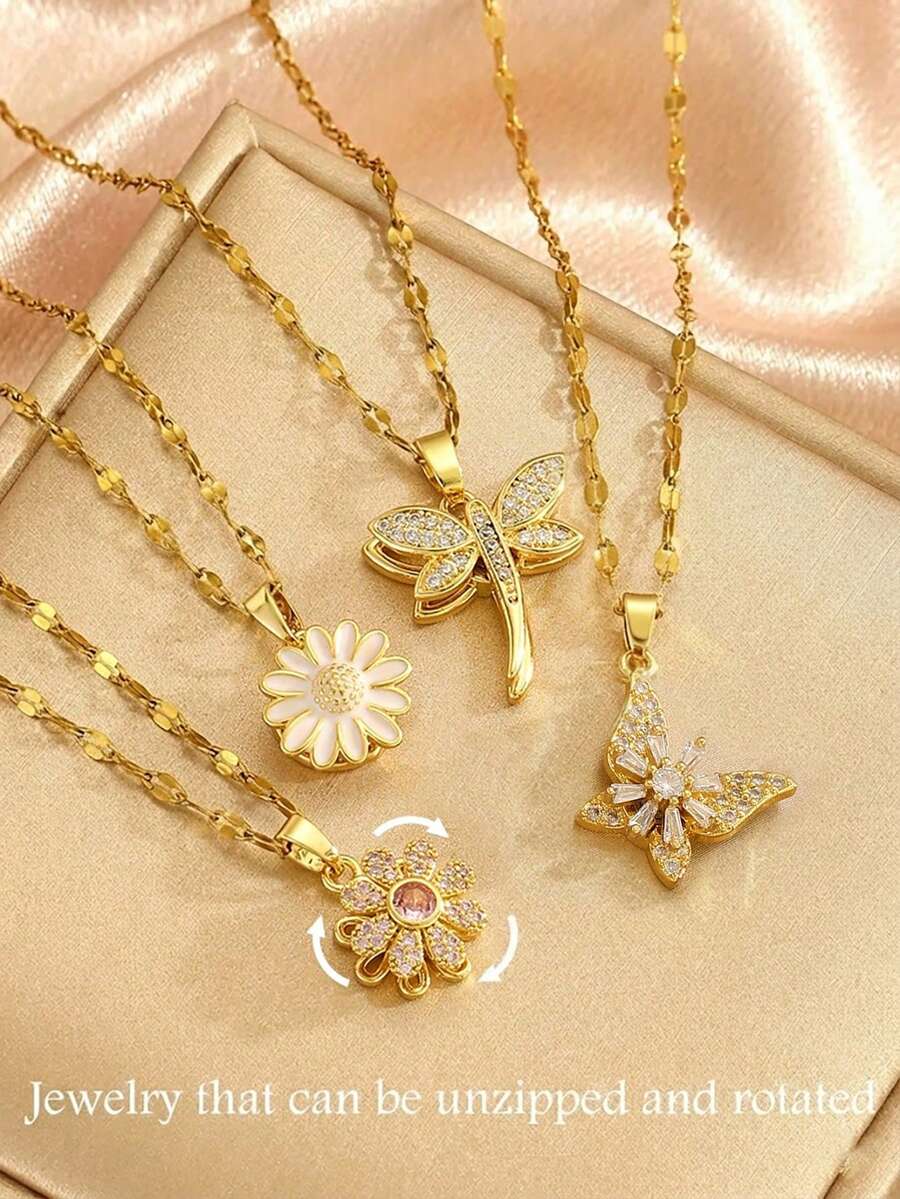 1pc Luxury Copper Cubic Zirconia Star, Moon, Pentagram, Clover, Rabbit Rotating Pendant Necklace, Stainless Steel Gold Color Chain, Suitable For Women And Girls Daily Wear, Fashion Minimalist, Casual Retro, Unique Gift For Girlfriend, Mom, Family, Friend, Daughter, Ideal For Anniversary, Valentine's Day, Mother's Day, Birthday, Graduation, Daily Wear, Wedding, Prom - Multicolor - View 1