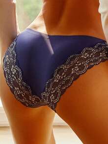 Mature Elegant French Romantic Adjustable Lace Patchwork Seamless Women's Panties - Navy Blue - View 3