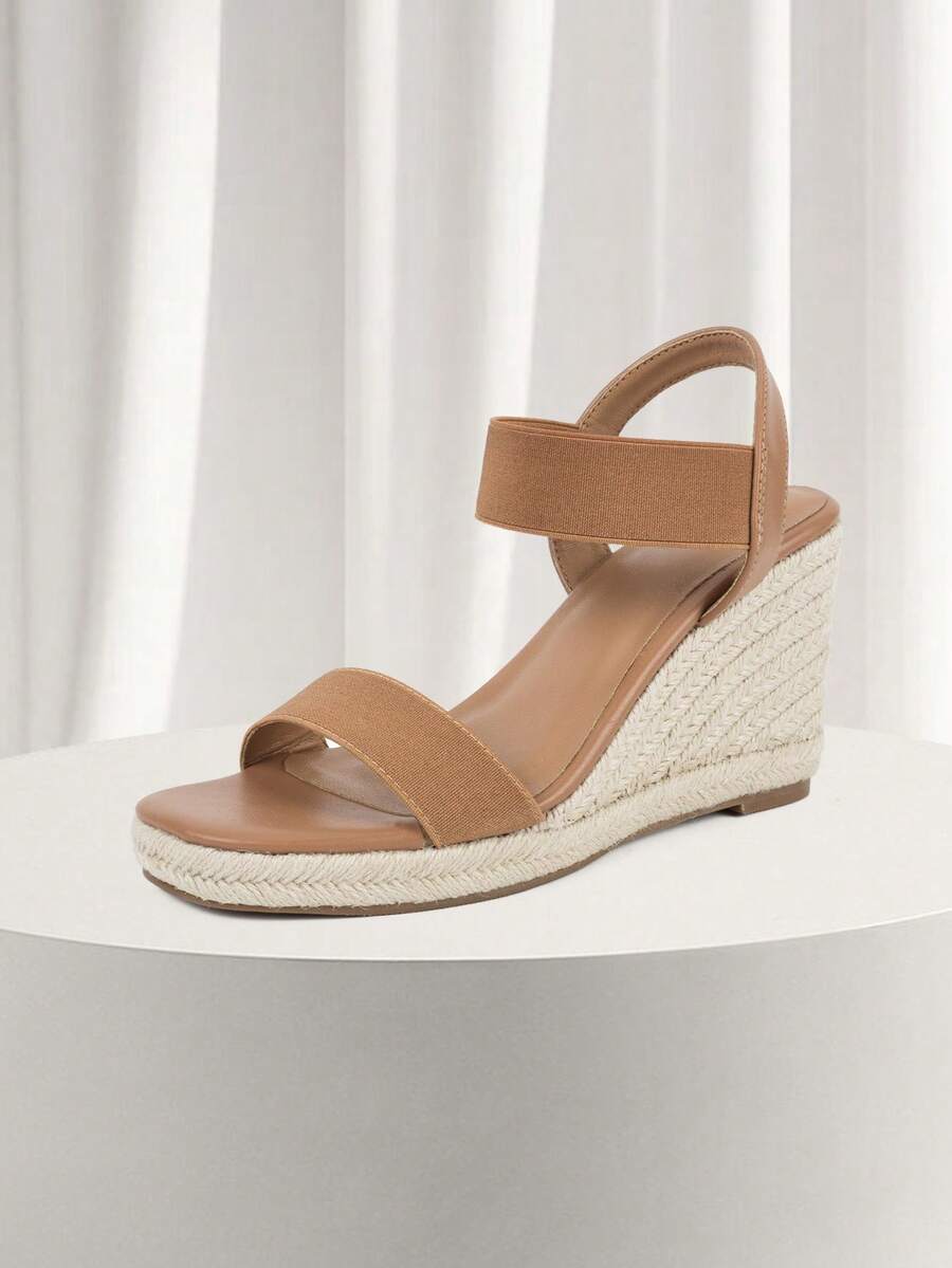 Alpargatas de mujer, elegantes zapatos de verano, sandalias de cuña de moda, sandalias de punta abierta con tira en el tobillo - Marrón - Ver 1