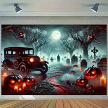 Halloween Glow Pumpkin & Vintage Car Backdrop Durable Polyester Photo Booth Scene Gothic Party Reusable Indoor Outdoor Decor Banners Ornaments - 彩色 - 查看 5