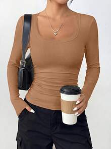 PRETTYGARDEN Women Spring And Fall Long Sleeve Shirts Clothes Cute Going Out Tops Ribbed Tight Fitted Plain Basic Tee Tshirts Vacation Outfits For Women - 淺駝色 - 查看 4