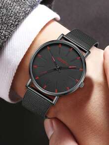 男士时尚石英表手链套装（含黑色网状表带），休闲商务风格，圆形表壳，合金材质，电子机芯，适合学生佩戴，情人节派对礼物 - 彩色 - 查看 4