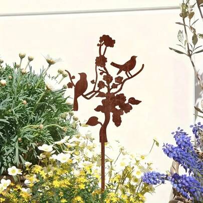 1 件锈棕色金属鸟花枝庭院花卉插片，锈棕色户外花园草坪花盆装饰地插