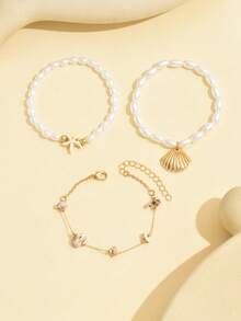 3pcs/Set Summer Beach Vacation Faux Pearl Starfish Beaded Bracelet, Fashionable Gold Alloy Shell Pendant, Beach Pebble Handmade Chain Bracelet For Women, Suitable For Daily Wear, Beach Travel, Dating, Photography - Gold - View 2