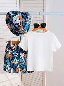 3pcs/Set Young Boy Tropical Plant Print Short Sleeve Round Neck T-Shirt And Shorts + Hat Outfit, Casual Summer Daily Vacation Wear - Multicolor - View 2