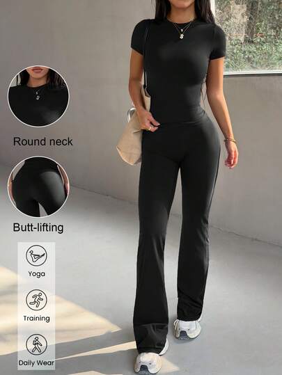 Aoqta Sports Women's Two Pieces Spring/Summer Casual Solid Color Slim-Fitting Short-Sleeved T-Shirt And High-Waisted Flared Trouser Suit Are Suitable For Gym Yoga Exercise Fitness And Going Out