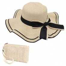 Sun Straw Hat And Straw Clutch Bag, Foldable Floppy Wide Brim Hat And Purse Straw, Summer Beach Straws Hats And Mini Purse Set For Holiday Outdoor Travel, Beige - B0FPFN3QK4 - View 1
