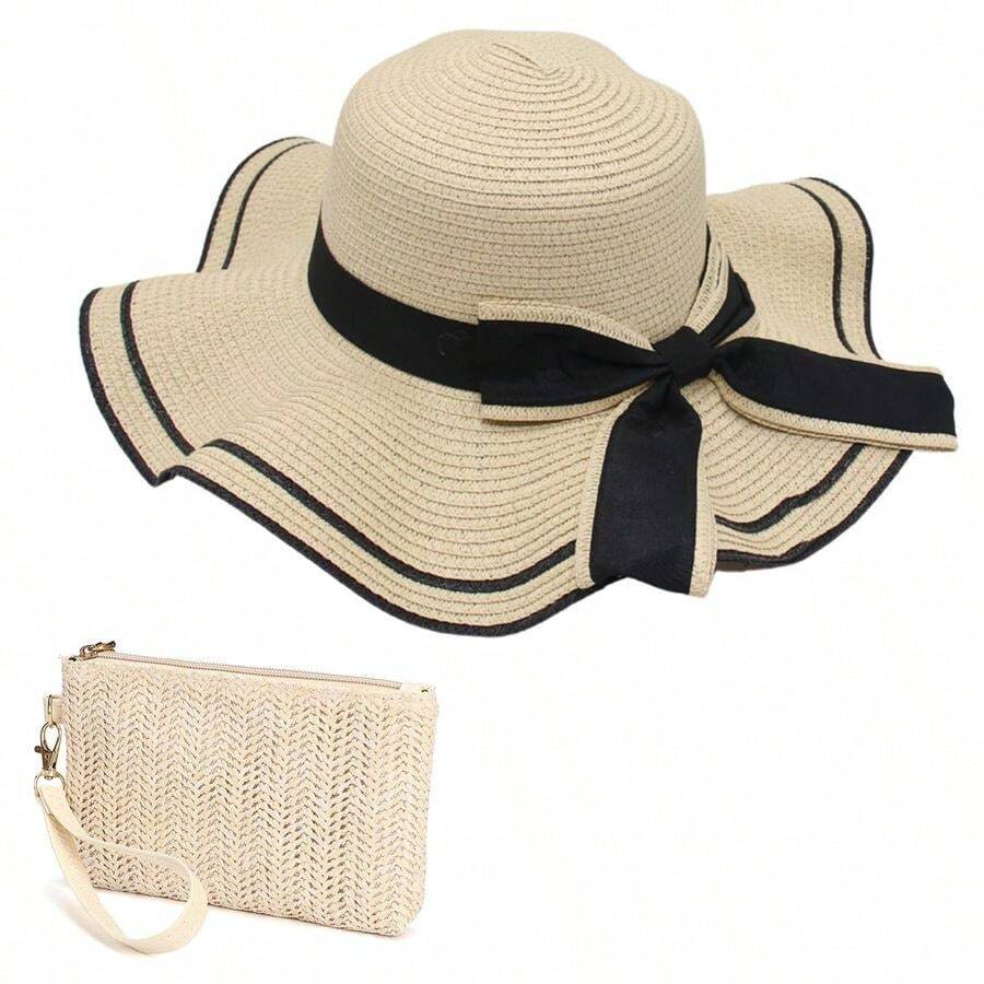 Sun Straw Hat And Straw Clutch Bag, Foldable Floppy Wide Brim Hat And Purse Straw, Summer Beach Straws Hats And Mini Purse Set For Holiday Outdoor Travel, Beige - B0FPFN3QK4 - View 1