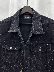 High End Fashion Rhinestone Starry Denim Versatile Loose Sleeveless Vest - 黑色 - 查看 4