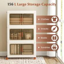 COSTWAY Collapsible Storage Bins With Lids, 3-Pack Stackable Plastic Storage Boxes With Wheels, Foldable Storage Containers Closet Organizer With Front Opening Doors, White - White - View 8