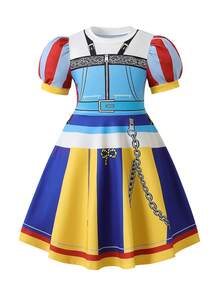 4-7 Years Old Girls' Dress, Puff Sleeve Design With Cute Cartoon Print Details, Fashionable And Stylish Dress For Family Outing, Casual Wear, Holiday Party, Daily Outfit - Multicolor - View 2