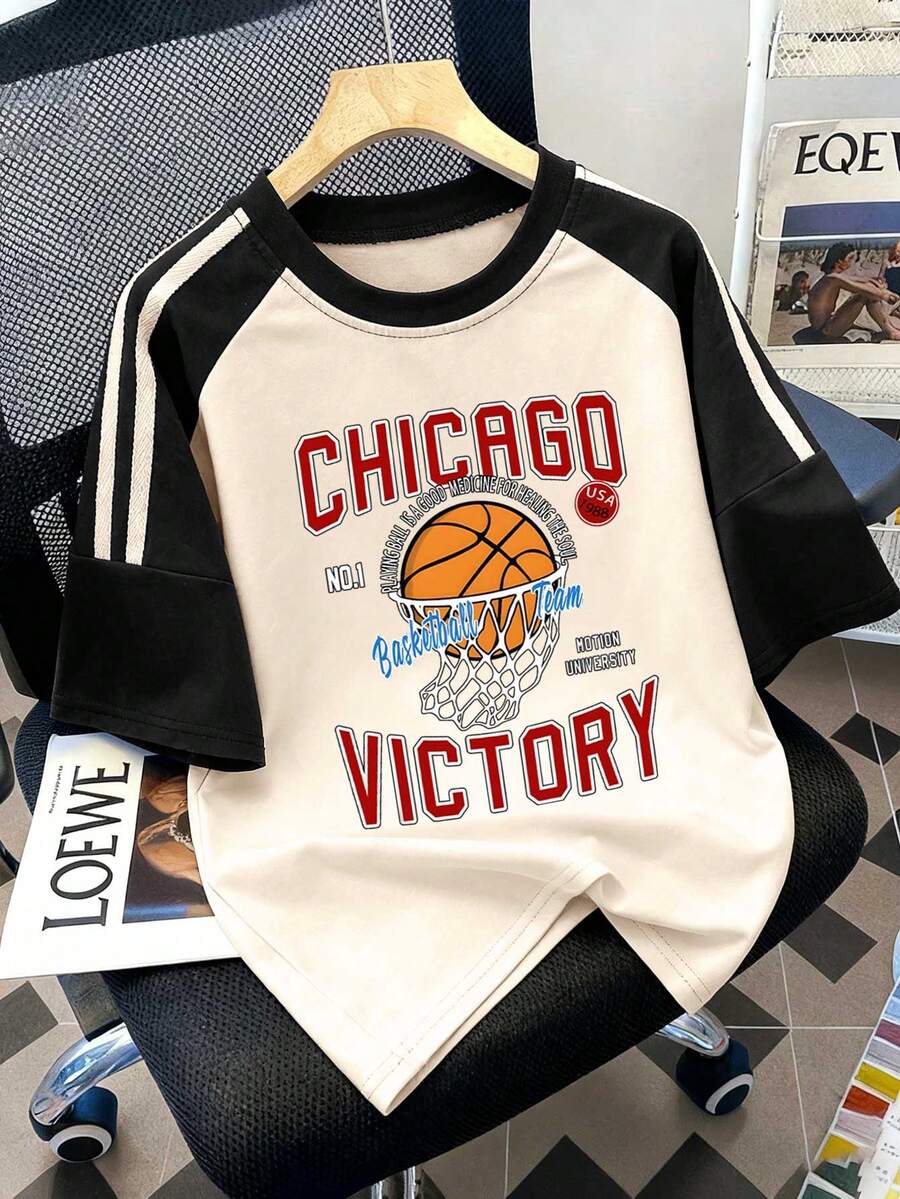 Casual Chicago Basketball "Victory" Graphic Raglan Sleeve Contrast Print Short Sleeve Top, Spring/Summer, Teen Boys - Multicolor - View 1