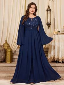 Vestido Longo de Chiffon com Decote V Profundo, Renda Floral com Lantejoulas, Bainha com Babado Contrastante, Adequado para Bailes, Festas Formais, Convidados de Casamento, Ocasiões Formais, Cerimônias de Formatura, Galas, Etc. Primavera - Azul Marinho - Visão 6