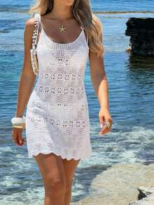 Women's Crochet Lace Hollow Out Knitted Sexy See-Through Sleeveless Tie-Up Cover Up Dress, High-End Bohemian Beach Holiday Style - White - View 6