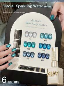 XEIJAYI Glacial Sparkling Water Cat-Eye Nail Glue Set Nail Supplies, Stunning Magnetic Effect With 6 Icy Blue-Green Shimmer Shades, Perfect For  Nail Art Enthusiasts, Frame Bottle Design For Home & Salon Manicure - 彩色 - 查看 1