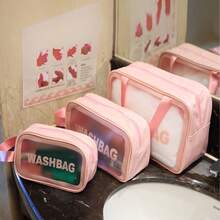 1/3pcs Fashion PU Transparent Toiletry Bag, With Handheld Grooming Organizer, Zipper Closure Cosmetic Pouch, Ideal For Daily Use, Outdoor Travel, Swimming, Fitness, Travel Accessories, Bathroom Supplies, Makeup Lovers, Perfect Gift For Valentine's Day/Mother's Day (Pink) - Multicolor - View 13