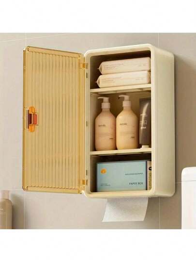 1pc Wall-Mounted Cosmetic Storage Box, Bathroom Cabinet, Waterproof Folding Rack, No Drilling Required, Independent Toilet Paper Holder
