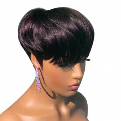 Pixie Cut Wig For Human Hair Deep 99J,1B#,1B30 Short Wig For Human Hair Layered Black Pixie Wigs With Bangs Real Human Hair Glueless Wig None Lace Front Full Machine Made Layered Wig Hair Replacement Wig For Put On And Go Wig For Love Gift, Valentine's Day, Halloween Costumes,Daily Use Throw On And Go Wig