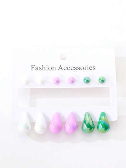 6 Pairs Macaron Color Earring Set, Ball + C-Shaped Hoop, Sweet Girl Style Versatile Daily Wear Earrings
