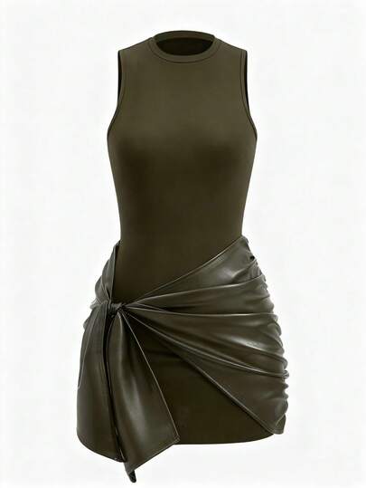 Women's Solid Color Sleeveless Mini Dress + Front Tie PU Decor 2-Piece Set, Solid Color Elegant Knotted Ruffle Hem