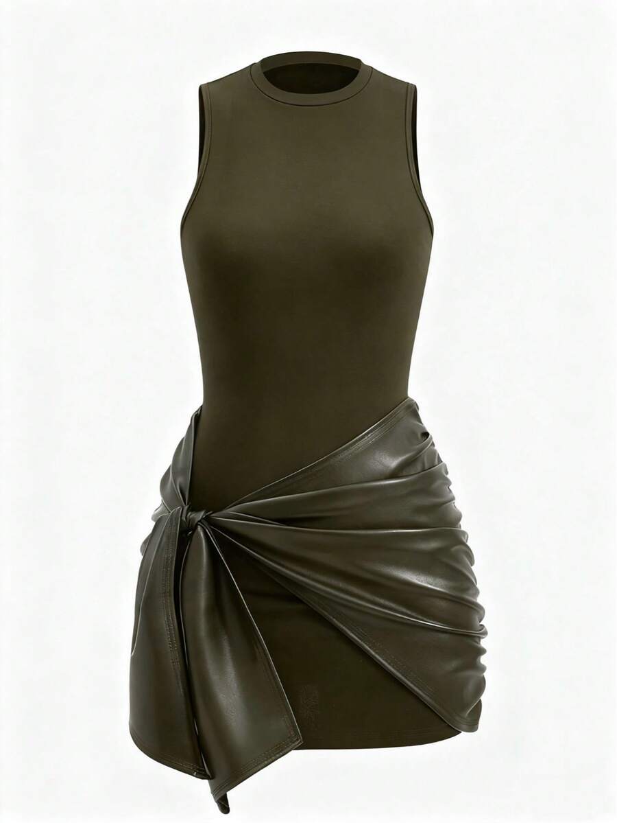 Women's Solid Color Sleeveless Mini Dress + Front Tie PU Decor 2-Piece Set, Solid Color Elegant Knotted Ruffle Hem Summer - Dark Green - View 1