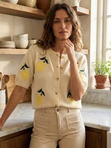 Women's Knit Crew Neck Short Sleeve Cardigan, Decorated With Buttons And Cute Lemon Embroidery, Fashionable Casual, Minimalist Versatile, Suitable For Spring/Summer Daily Commute - Yellow - View 1