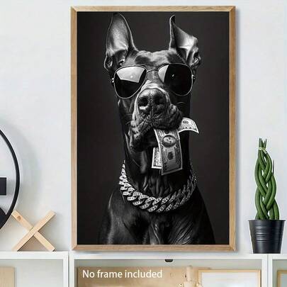 1 pieza Obra de arte de pared de lienzo con perro con estilo, gafas y collar, decoración animal moderna en blanco y negro, pintura contemporánea de perro con dinero, decoración para el hogar, la sala de estar y el dormitorio