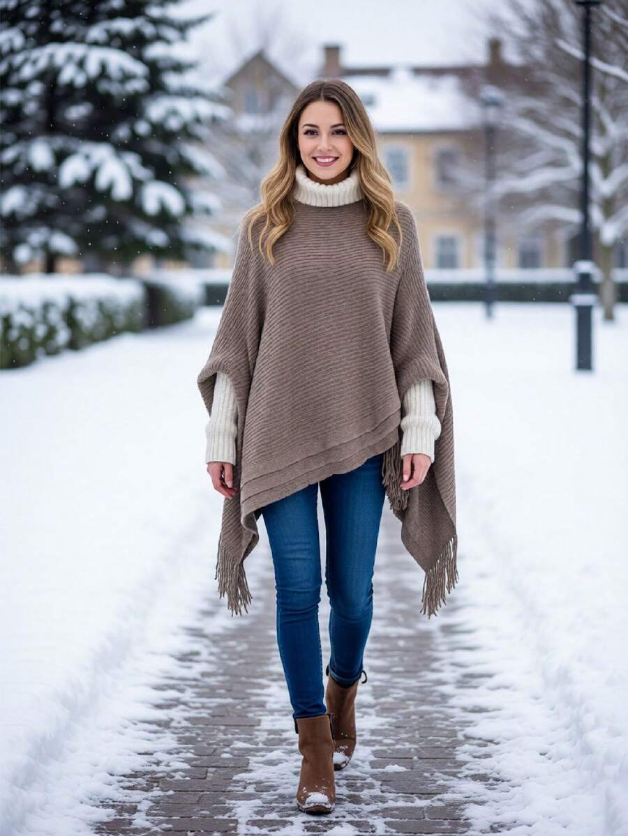 1pc Women Solid Color Poncho Asymmetrical Tassel Batwing Sleeve Sweater Cape Outerwear,Beach,Holiday