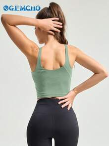 GEMCHO Sleeveless Sports Yoga Bra, Thick Medium Support, No Wire, Long Style, Spring/Summer - Turquoise - View 4