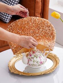 1pc Shiny Teapot Cozy, Dessert Tray Cover, Fabric Lid - Pink Cotton - View 11