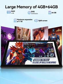 Qetupa 10,1-calowy tablet z systemem Android 15, 4 GB pamięci RAM + 64 GB pamięci ROM, czterordzeniowy procesor MTK 6762 1,8 GHz, ekran dotykowy HD (1280x800) IPS, przedni aparat 5 MP i tylny aparat 13 MP, bateria 6000 mAh (adapter nie jest dołączony), Wi-Fi 802.11ac 5 2,4 GHz + 5 GHz, Bluetooth 5.2, GPS, do czytania i grania. Ciesz się rozrywką w dowolnym miejscu i czasie. - Czarne - Zobacz 6