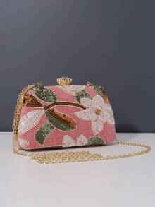 1pc Fashionable Floral Pattern Women's Handbag, Vintage Shiny Sequin Embroidered Flower Chain Evening Bag, Suitable For Party Girls, Brides, Newlyweds, And Office Workers, Parties, Weddings, Mini Box Bag (Random Pattern) - Hot Pink - View 2