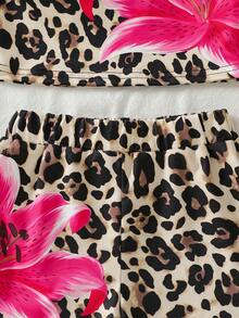2 Stücke Mädchen Leopard & Ditsy Blumen Trägertop + Shorts Set, geeignet für Urlaub, Outdoor-Aktivitäten, Party, Alltag - Verschiedenfarbig - Übersicht 6
