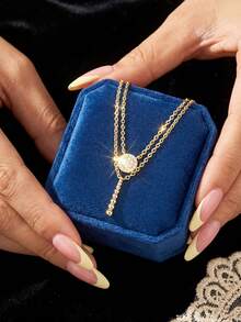 1pc Elegant Double-Layer Round Necklace, 925 Sterling Silver Delicate Choker Necklace, Exquisite Jewelry Gift Suitable For Girls Daily And Date Outfit - Double Medal Tassel Necklace - View 4