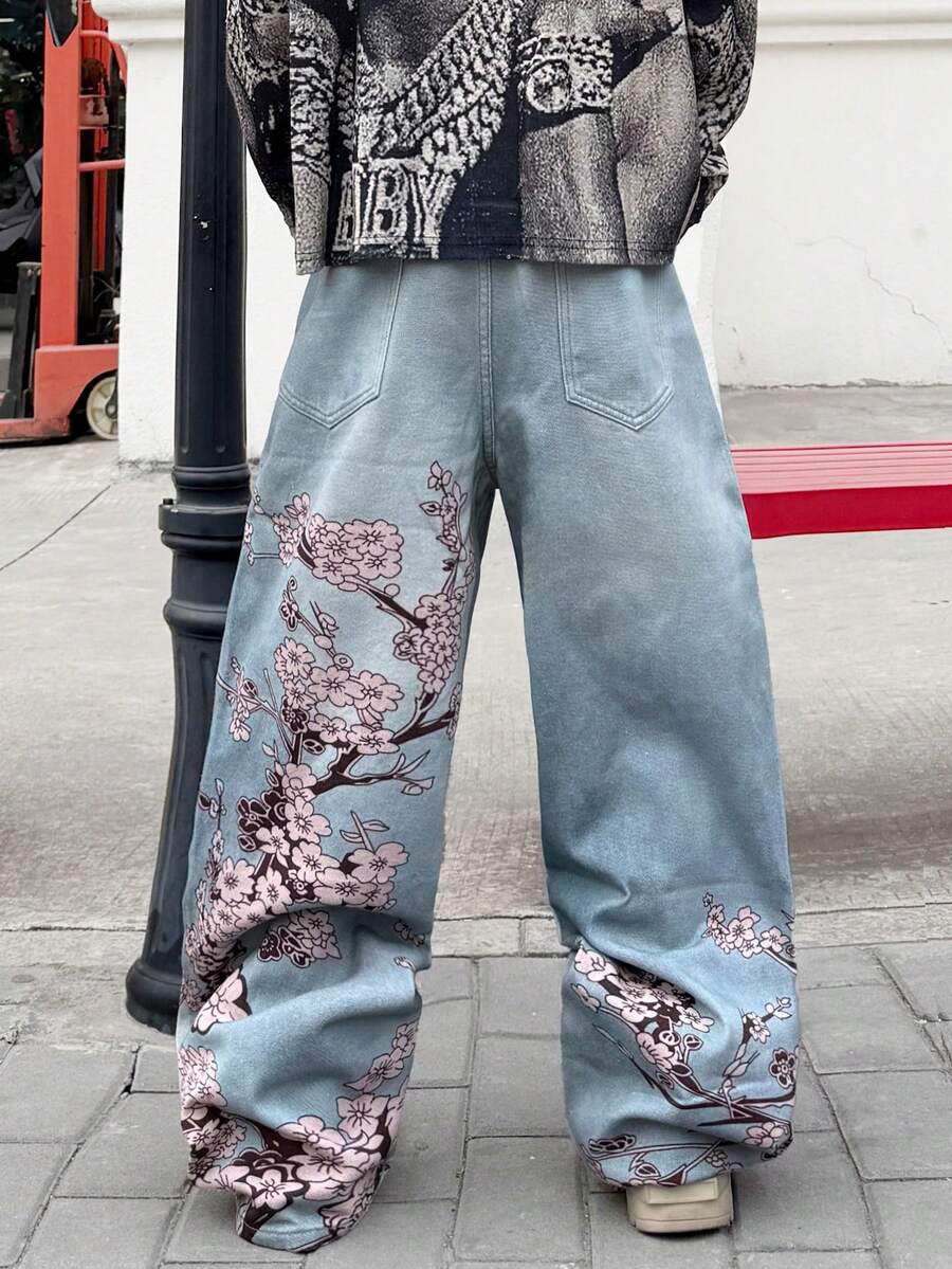 1pc Korean Streetwear Style Men's Digital Print Loose Comfortable Wide-Leg Jeans, Versatile Denim Pants For All Seasons (Belt And Accessories Not Included) - Light Wash - View 1