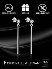 1 件 S925 纯银锆石条形耳坠，简约显脸型耳环，低过敏性，配有精美礼盒，适合日常佩戴 - 銀色 - 查看 1