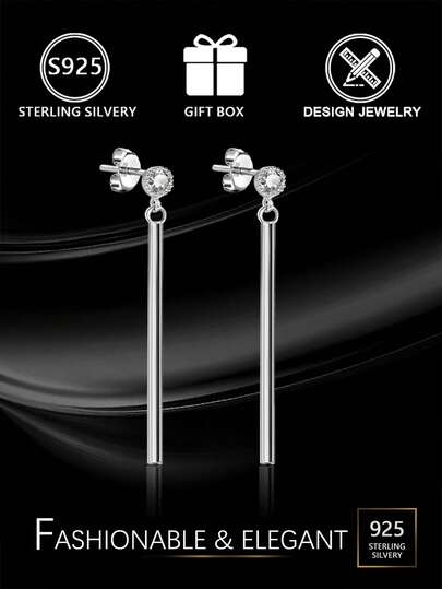 1 件 S925 纯银锆石条形耳坠，简约显脸型耳环，低过敏性，配有精美礼盒，适合日常佩戴