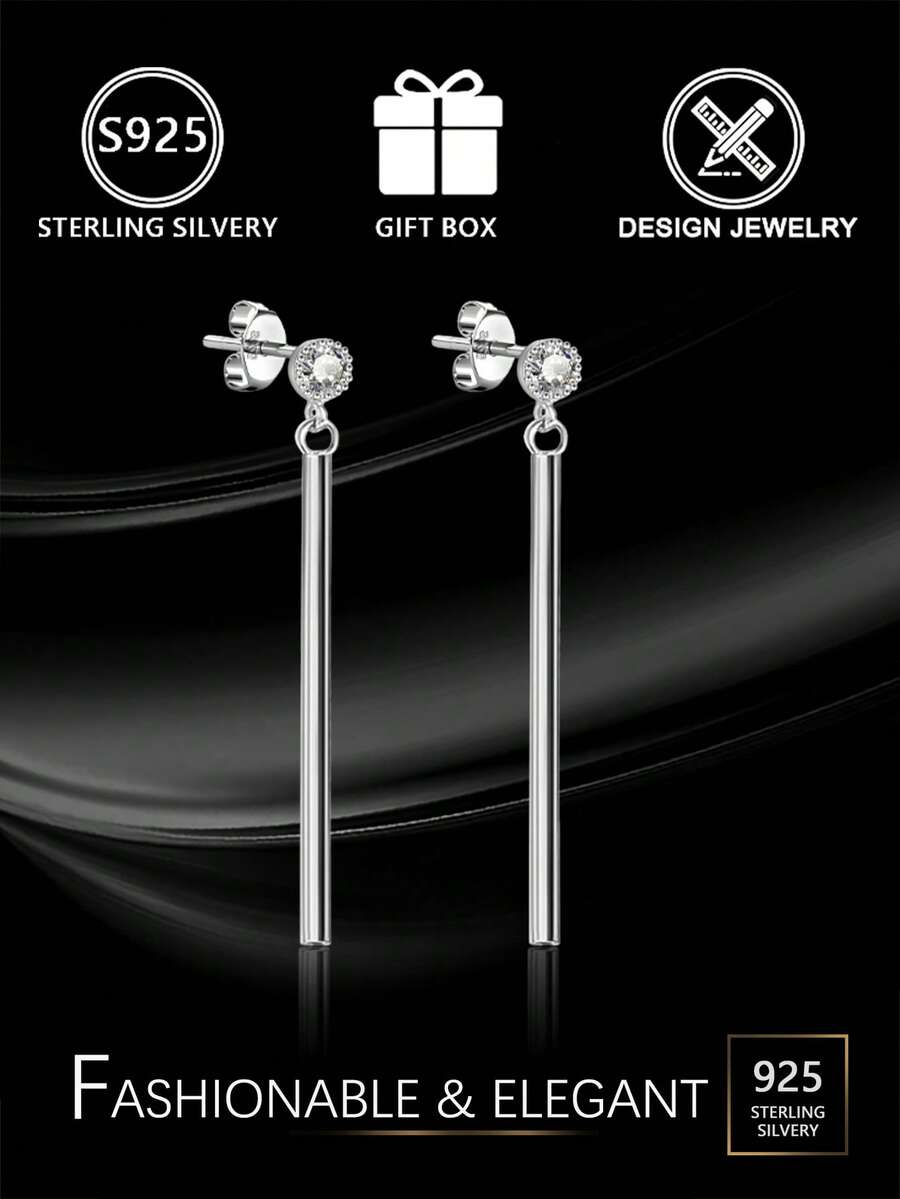 1 件 S925 纯银锆石条形耳坠，简约显脸型耳环，低过敏性，配有精美礼盒，适合日常佩戴 - 銀色 - 查看 1