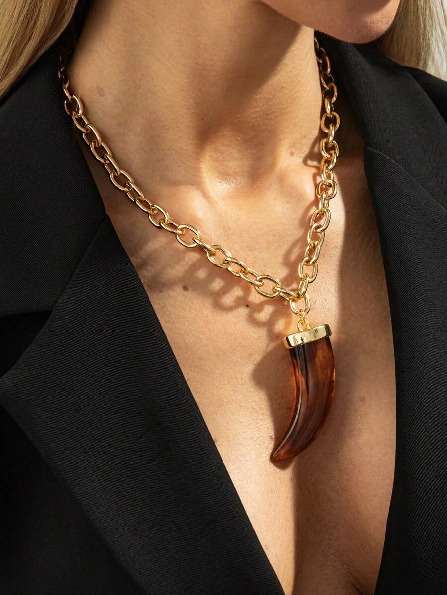 1件波西米亚几何链条夸张牙齿吊坠项链，奢华魅力，适合婚礼、派对、海滩、休闲、街头风格，女士情侣礼物，节日、生日礼物，百搭之选