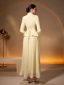 2pcs Women's Elegant V-Neck Applique Design Pleated Dress, Suitable For Daily, Festival, Casual Occasions, Solid Color Spring - Pale Yellow - View 4