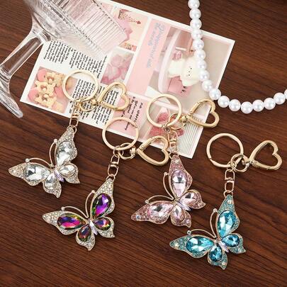 1pc Colorful Rhinestone Butterfly & Heart Keychain, Small Accessory, Key Chain, Party Favor, Zinc Alloy Bohemian Jewelry, Winter