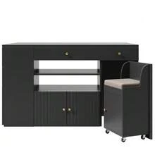 Kitchen Island, Sideboard With Bar Stools, 6-Drawer Kitchen Unit With Stools, Adjustable Width 140 X 40 (70) X 89 Cm, White/Black - Black - View 9